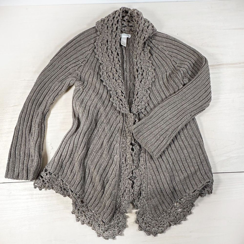 Kenar Women's Open Sweater Cardigan Wool Blend Crochet Taupe L